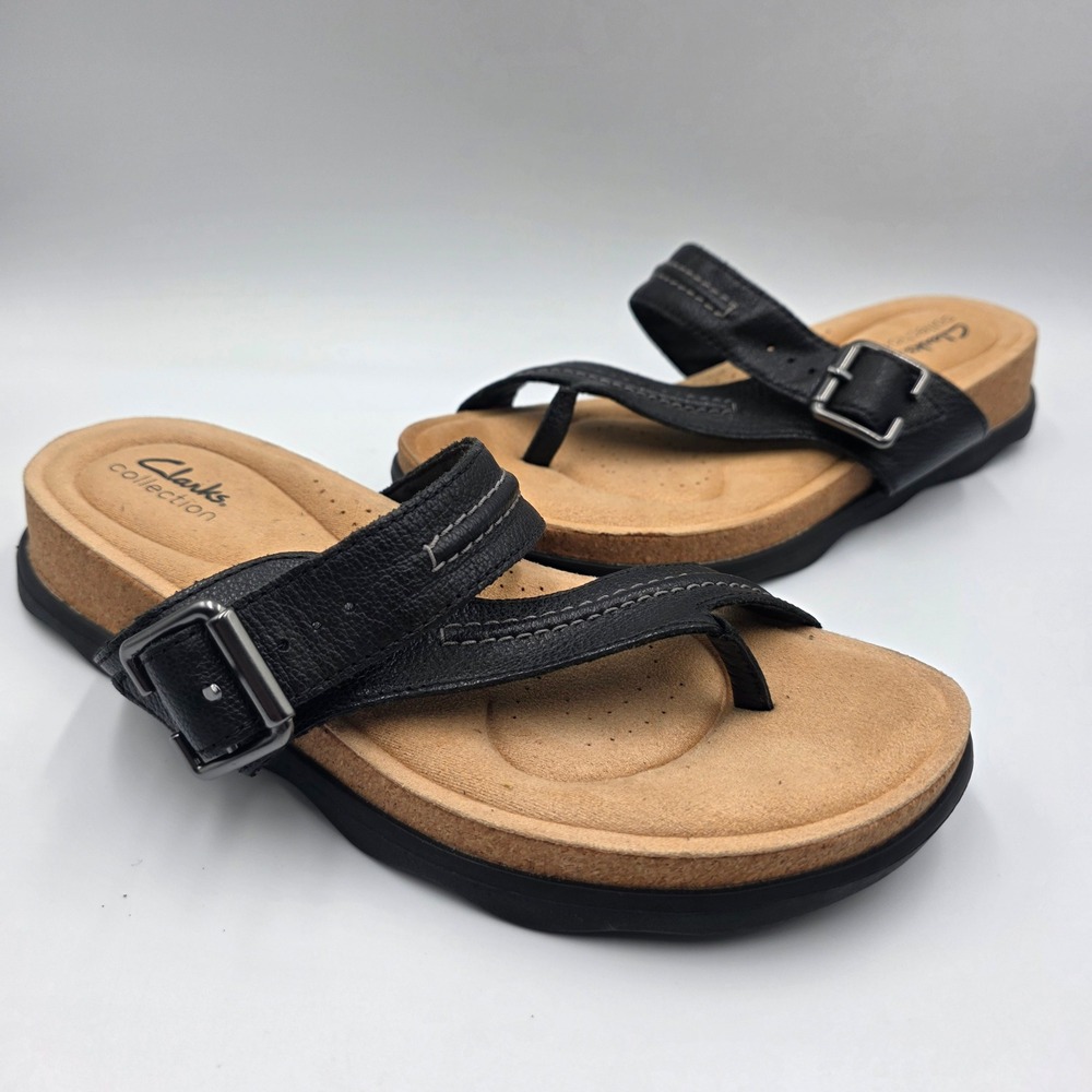 Clarks Collection Brinkley Flora Black Thong Slide Sandals Women Size 8 Buckle